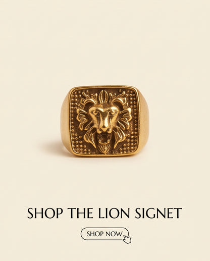 Sovereign Lion Stippled Cushion Signet Ring