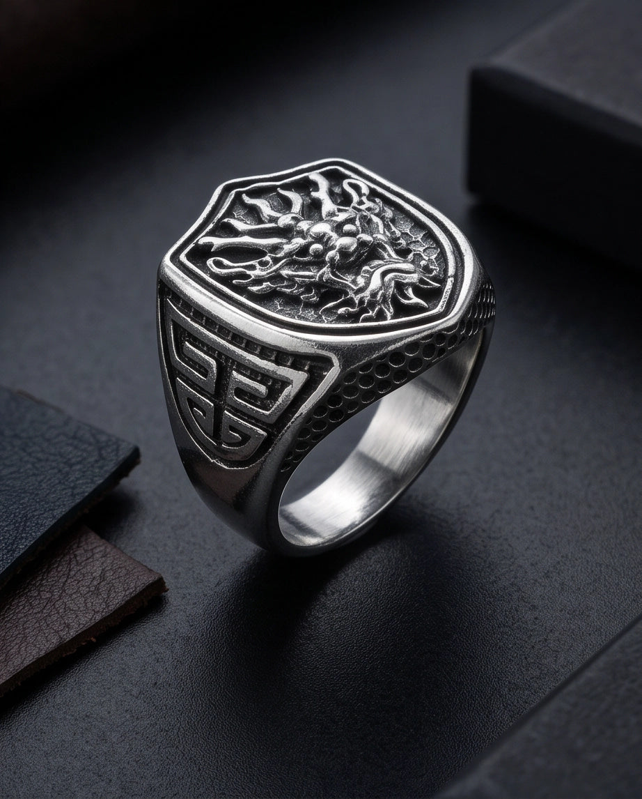 Draconic Shield Crest Silver Signet Ring
