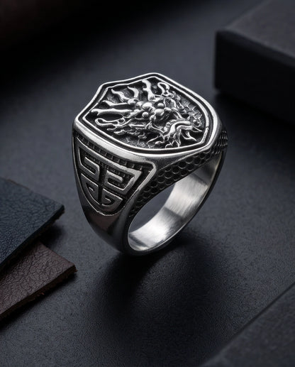 Draconic Shield Crest Silver Signet Ring