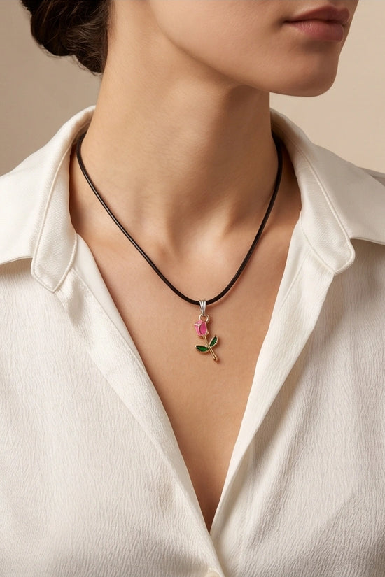 Gold and Pink Rose Pendant Necklace
