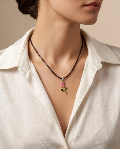 Gold and Pink Rose Pendant Necklace