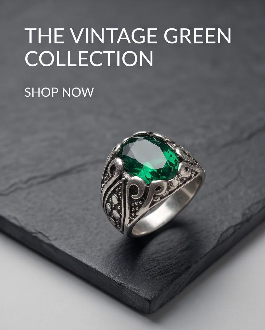 Emerald Gemstone Scalloped Crown Bezel Scroll Filigree Silver Ring