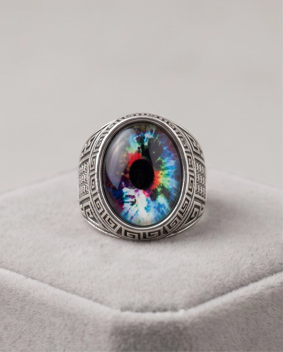Cosmic Multi-Color Tie-Dye Cabochon Greek Key Silver Ring