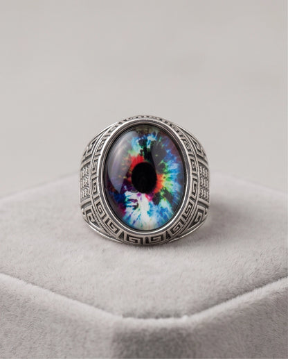 Cosmic Multi-Color Tie-Dye Cabochon Greek Key Silver Ring
