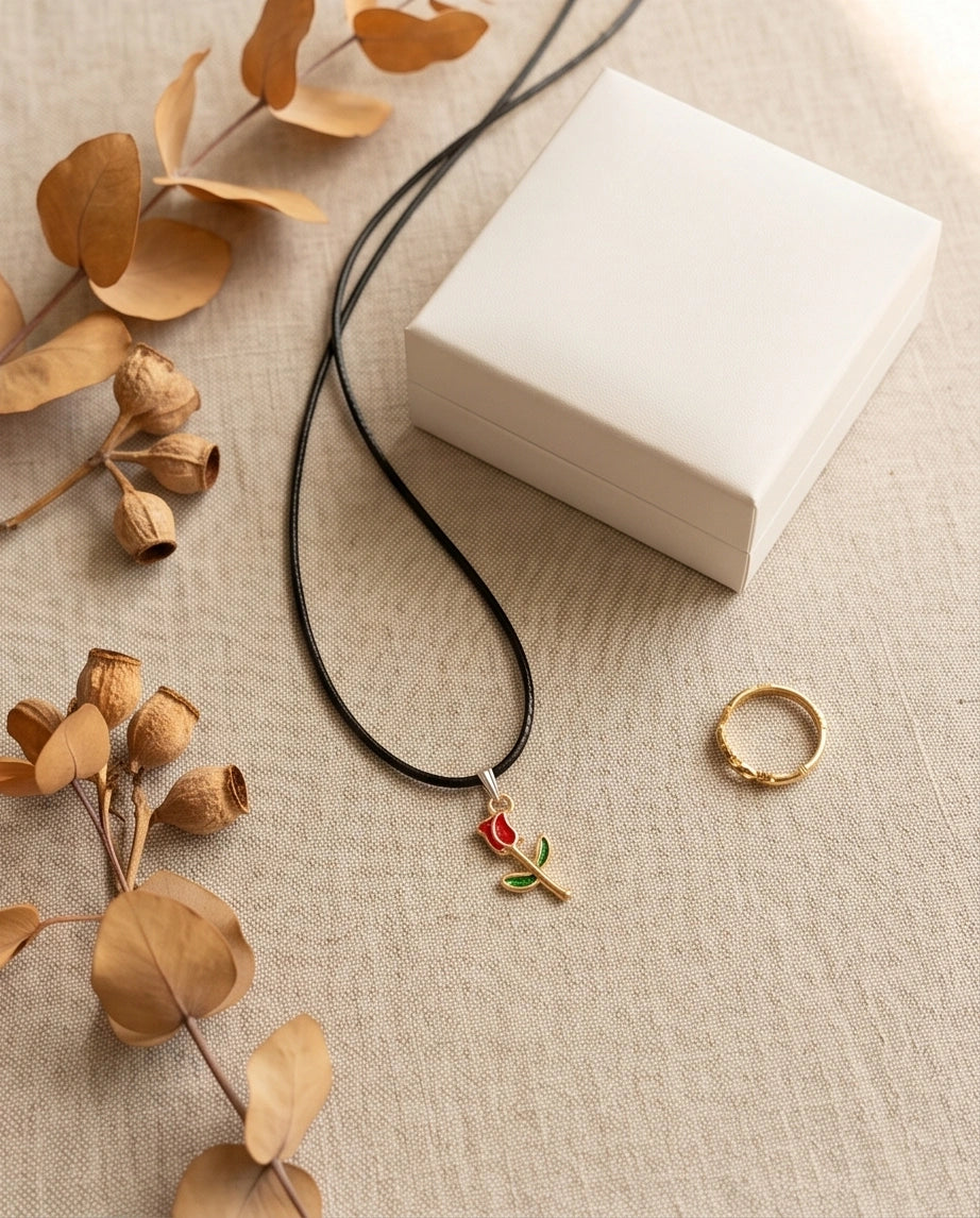 Gold and Red Rose Pendant Necklace