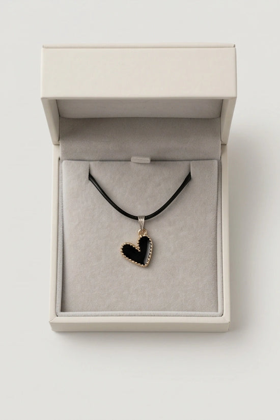 Gold Beaded Black Enamel Heart Necklace