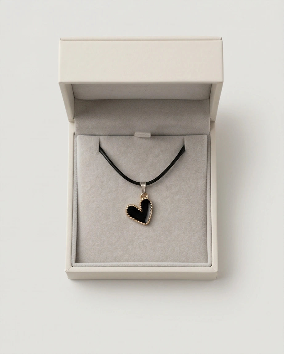 Gold Beaded Black Enamel Heart Necklace