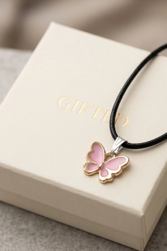 Pink Butterfly Enamel Pendant Necklace