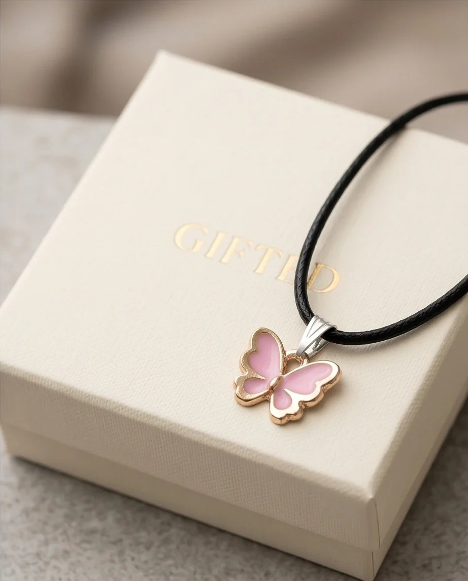 Pink Butterfly Enamel Pendant Necklace