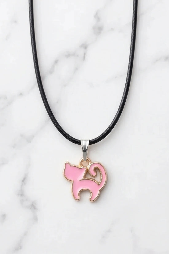 Playful Pink Cat Enamel Pendant Necklace
