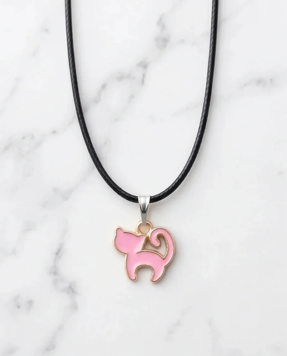 Playful Pink Cat Enamel Pendant Necklace