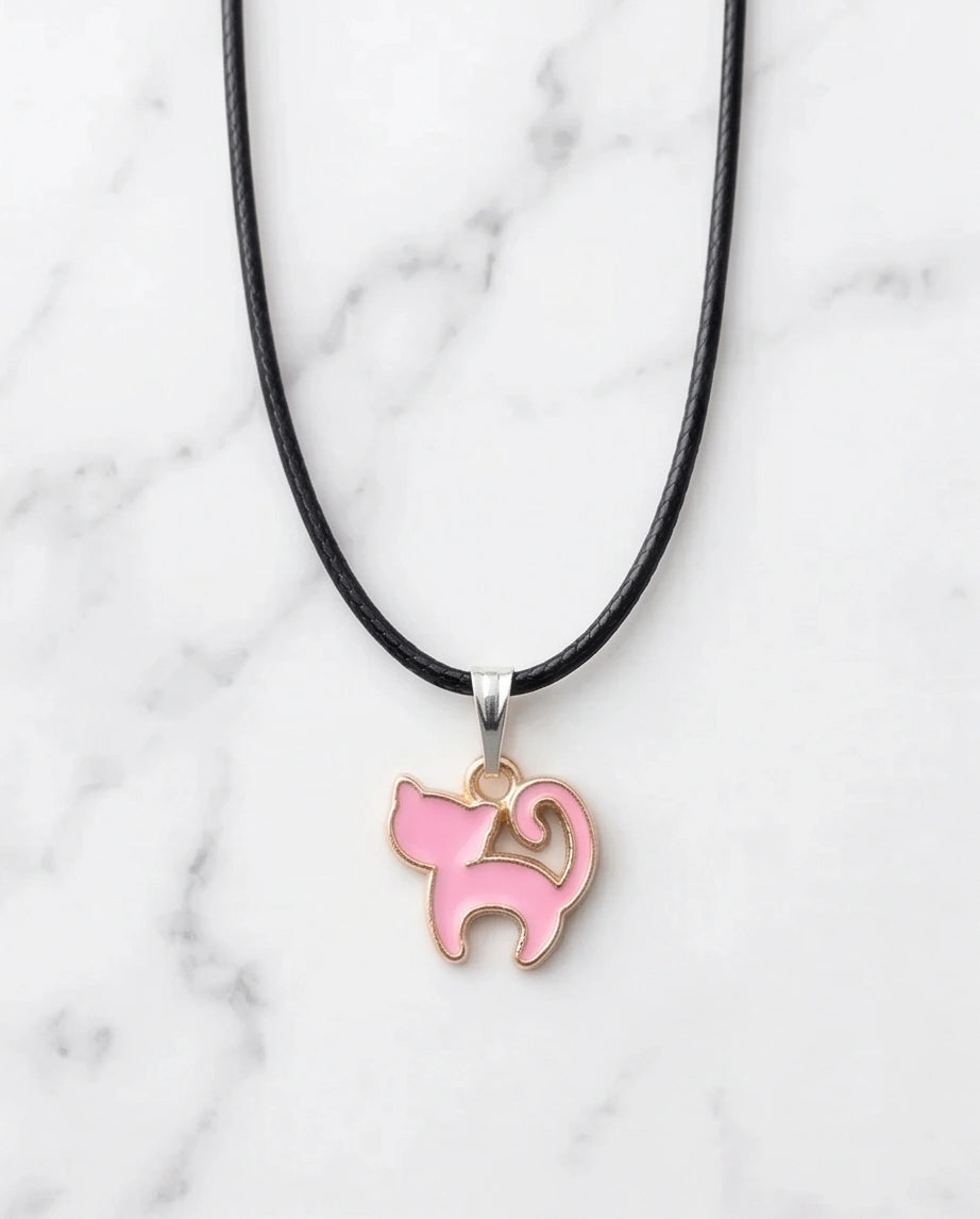 Playful Pink Cat Enamel Pendant Necklace
