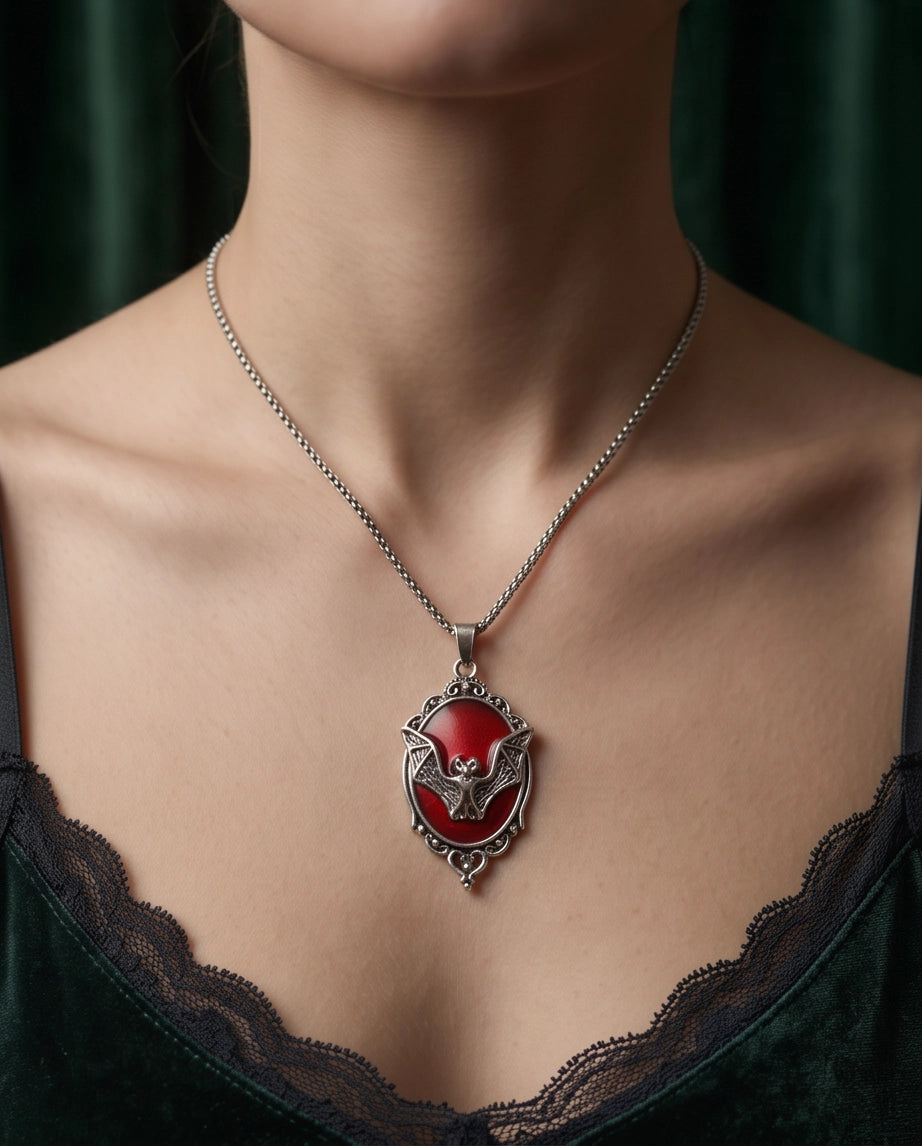 Antique Silver Gothic Bat Red Enamel Medallion Chain Necklace
