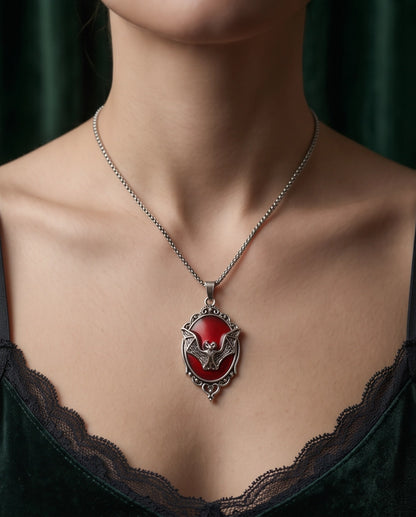 Antique Silver Gothic Bat Red Enamel Medallion Chain Necklace