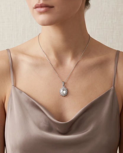 Silver Crystal Oval Halo Medallion Pendant Necklace