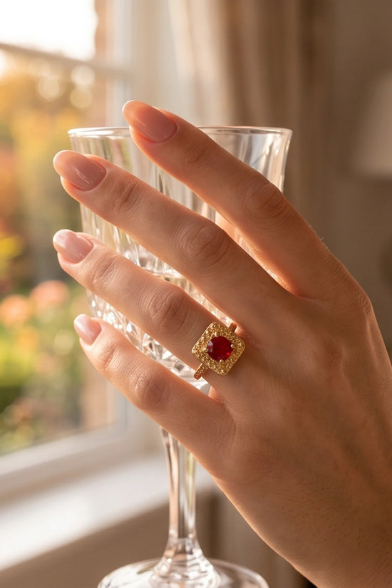 Vintage Gold Ruby Square Granulation Halo Ring