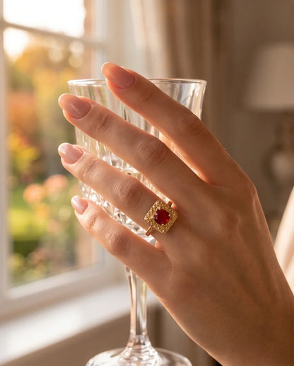 Vintage Gold Ruby Square Granulation Halo Ring
