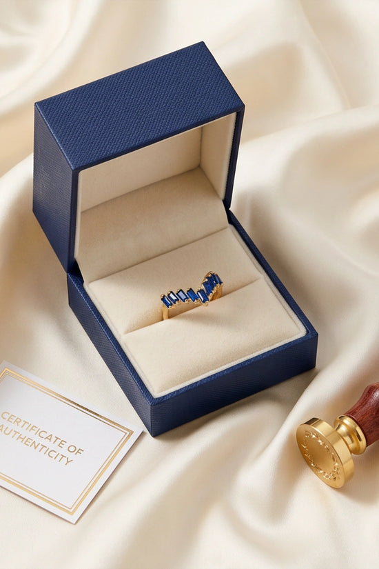 Gold Plated Blue Sapphire Baguette Tiara Ring
