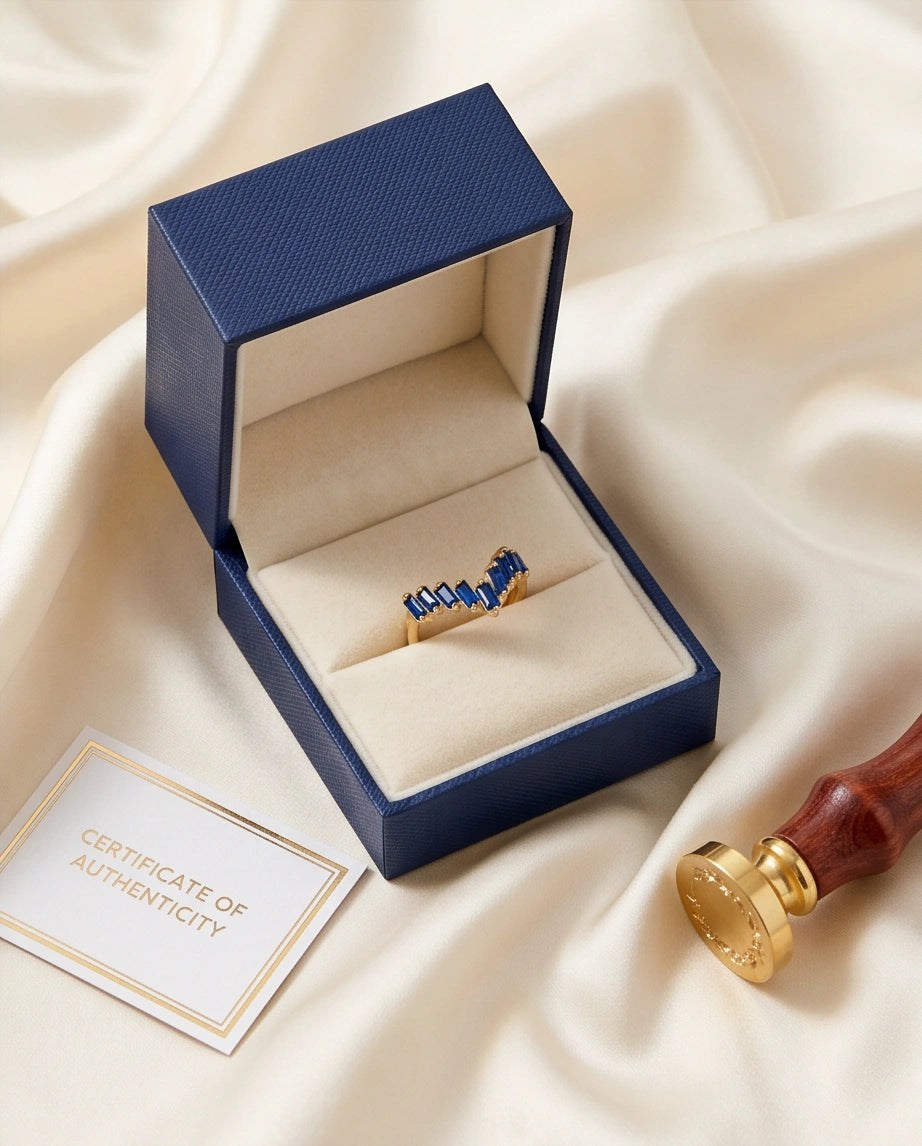 Gold Plated Blue Sapphire Baguette Tiara Ring