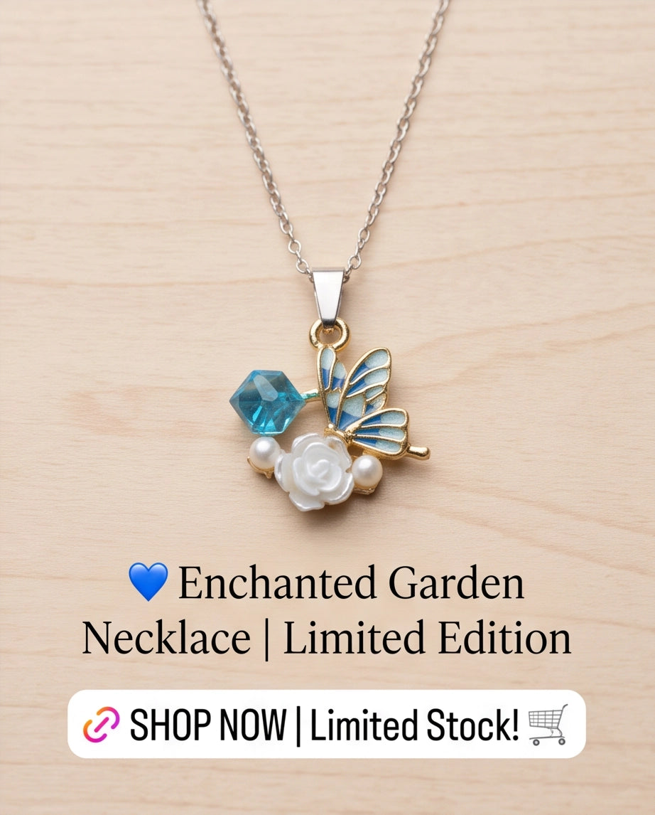 Gold Blue Enamel Butterfly & Pearl Rose Cluster Pendant Necklace