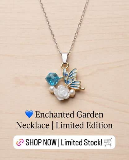 Gold Blue Enamel Butterfly & Pearl Rose Cluster Pendant Necklace