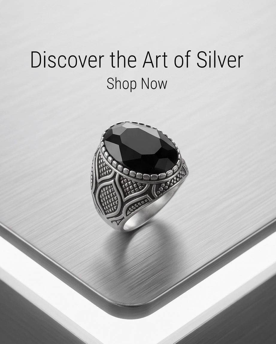 Black Gemstone Beaded Bezel Scale-Lattice Silver Ring