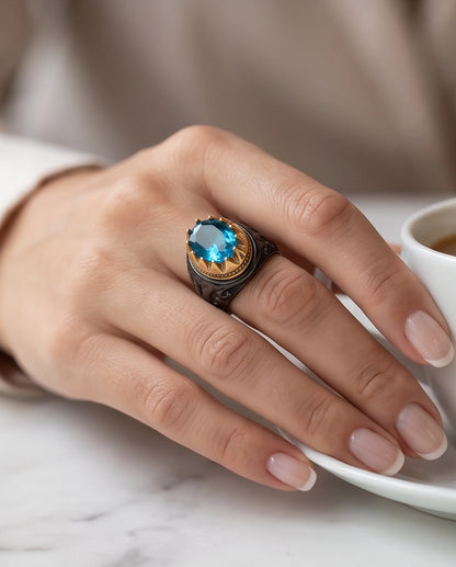 Celestial Aquamarine Sunburst Signet Ring