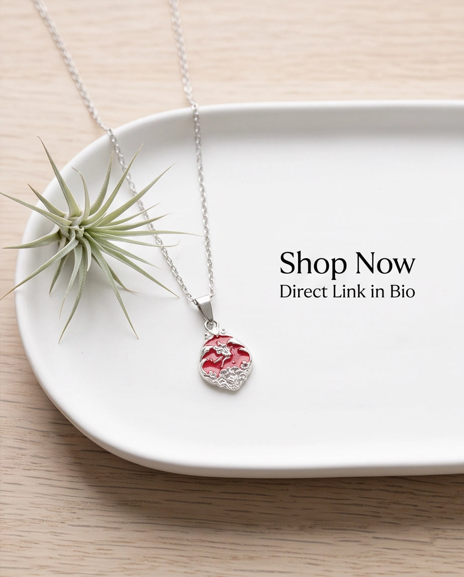 Silver Vintage Cherub Red Enamel Teardrop Pendant Necklace
