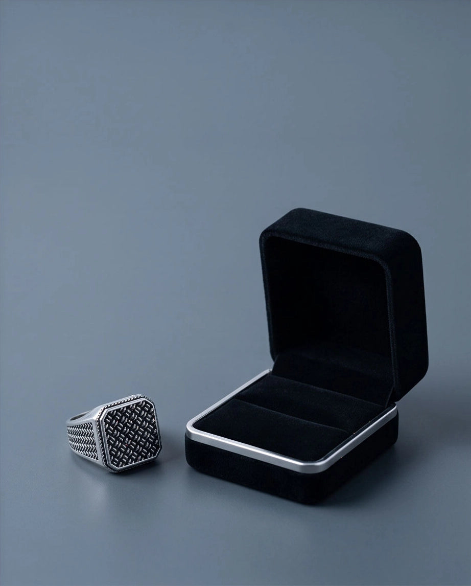 Oxidized Silver Basketweave Square Signet Ring