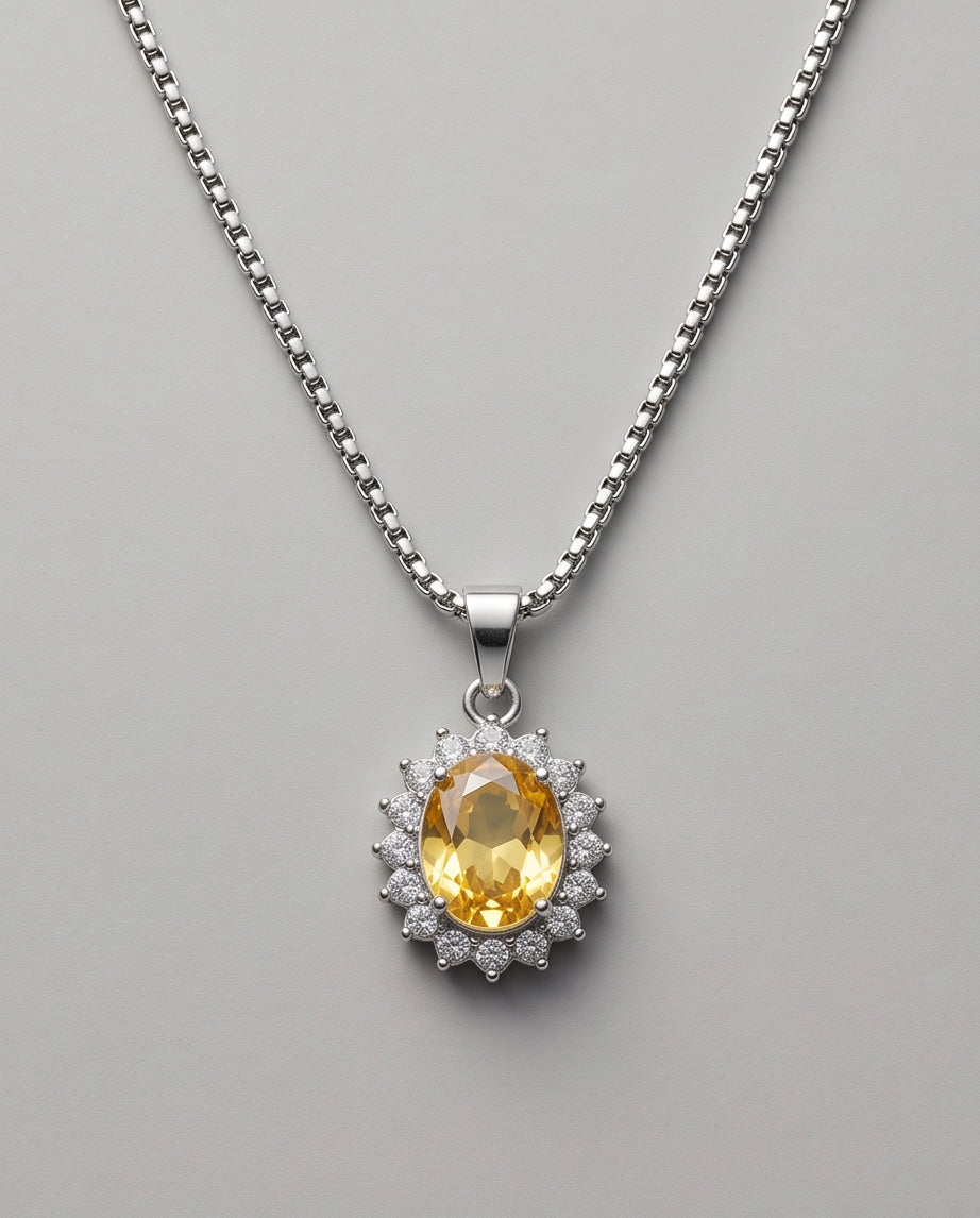 Silver Citrine Yellow Oval Halo Medallion Pendant Necklace