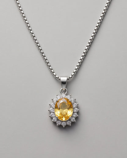 Silver Citrine Yellow Oval Halo Medallion Pendant Necklace