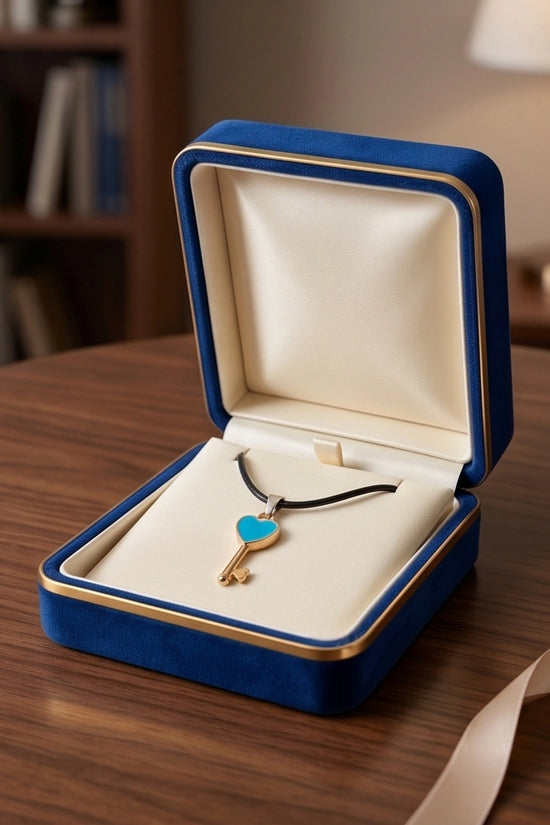 Gold and Turquoise Heart Key Pendant Necklace
