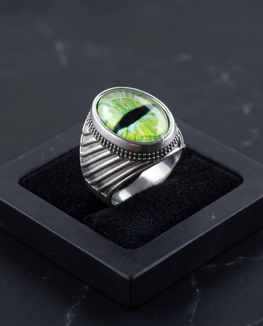 Emerald Serpent Eye Beaded Silver Ring