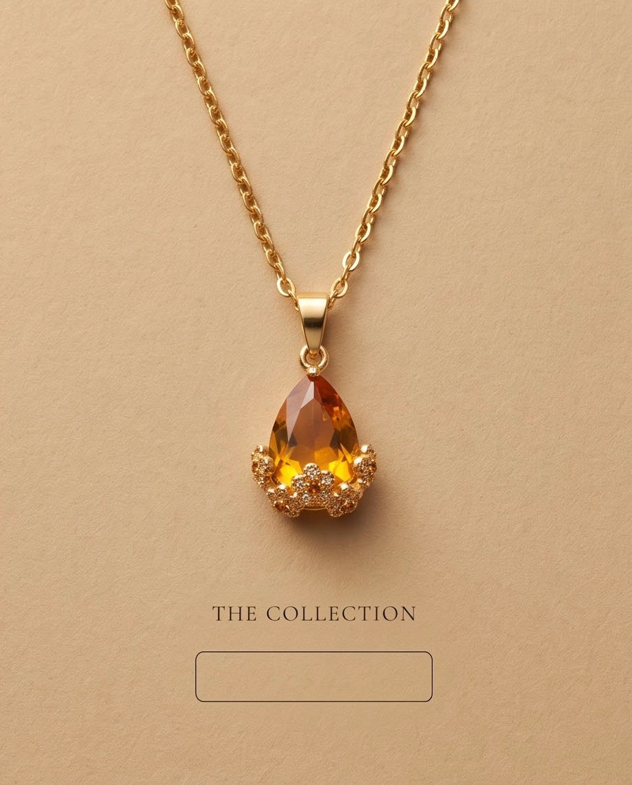 Gold Amber Teardrop Floral Basket Pendant Necklace
