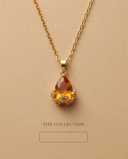 Gold Amber Teardrop Floral Basket Pendant Necklace