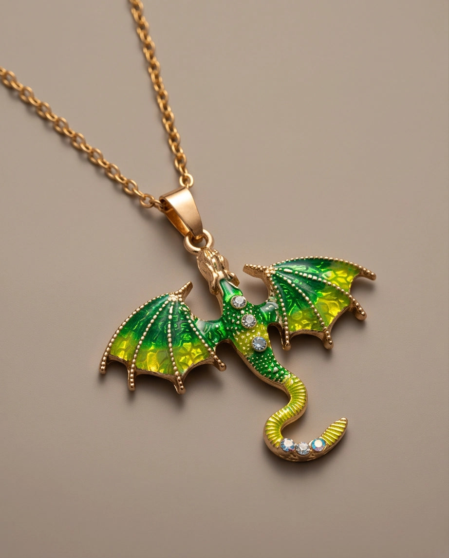 Gold Green Enamel Dragon Wyvern Pendant Necklace
