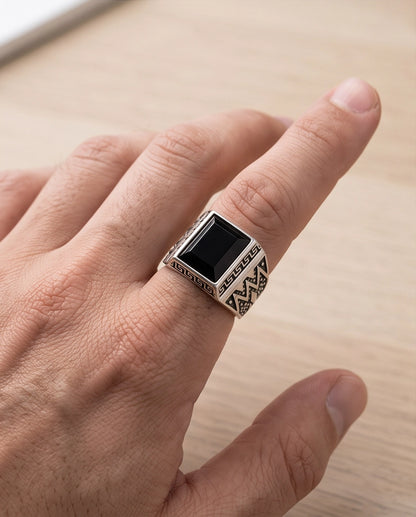 Onyx Gemstone Rectangular Bevel Greek Key Zigzag Silver Ring