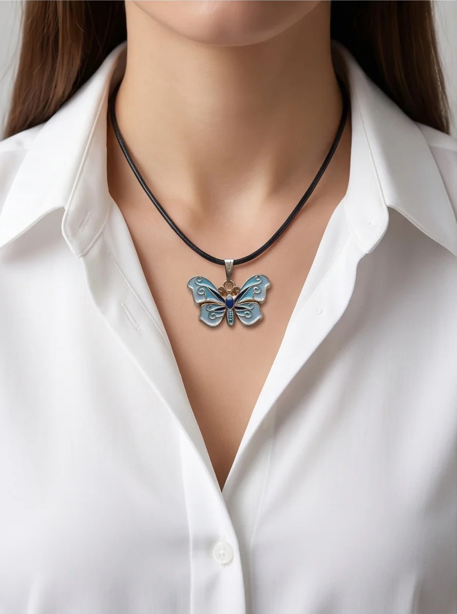Blue Enamel Butterfly Pendant Necklace