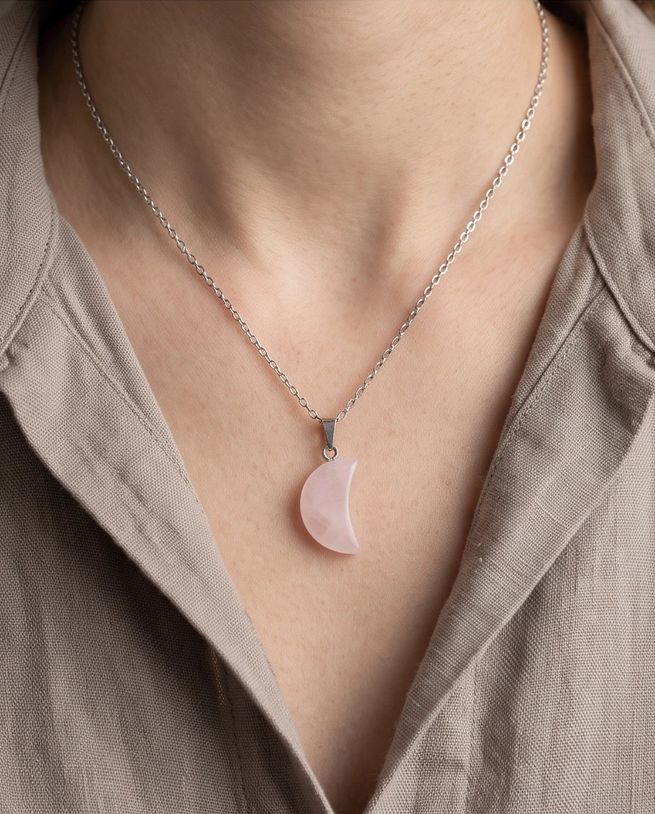Silver Rose Quartz Pink Crescent Moon Pendant Necklace