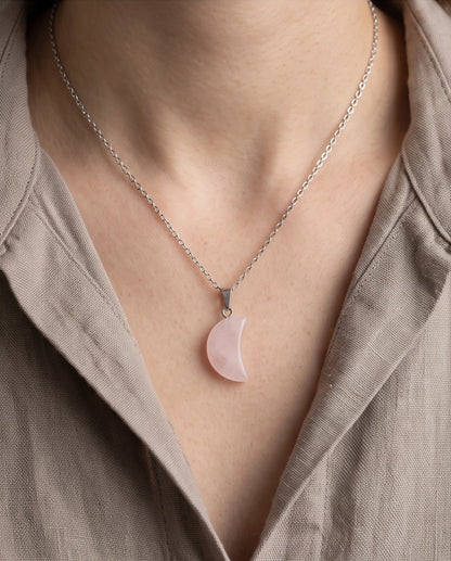 Silver Rose Quartz Pink Crescent Moon Pendant Necklace