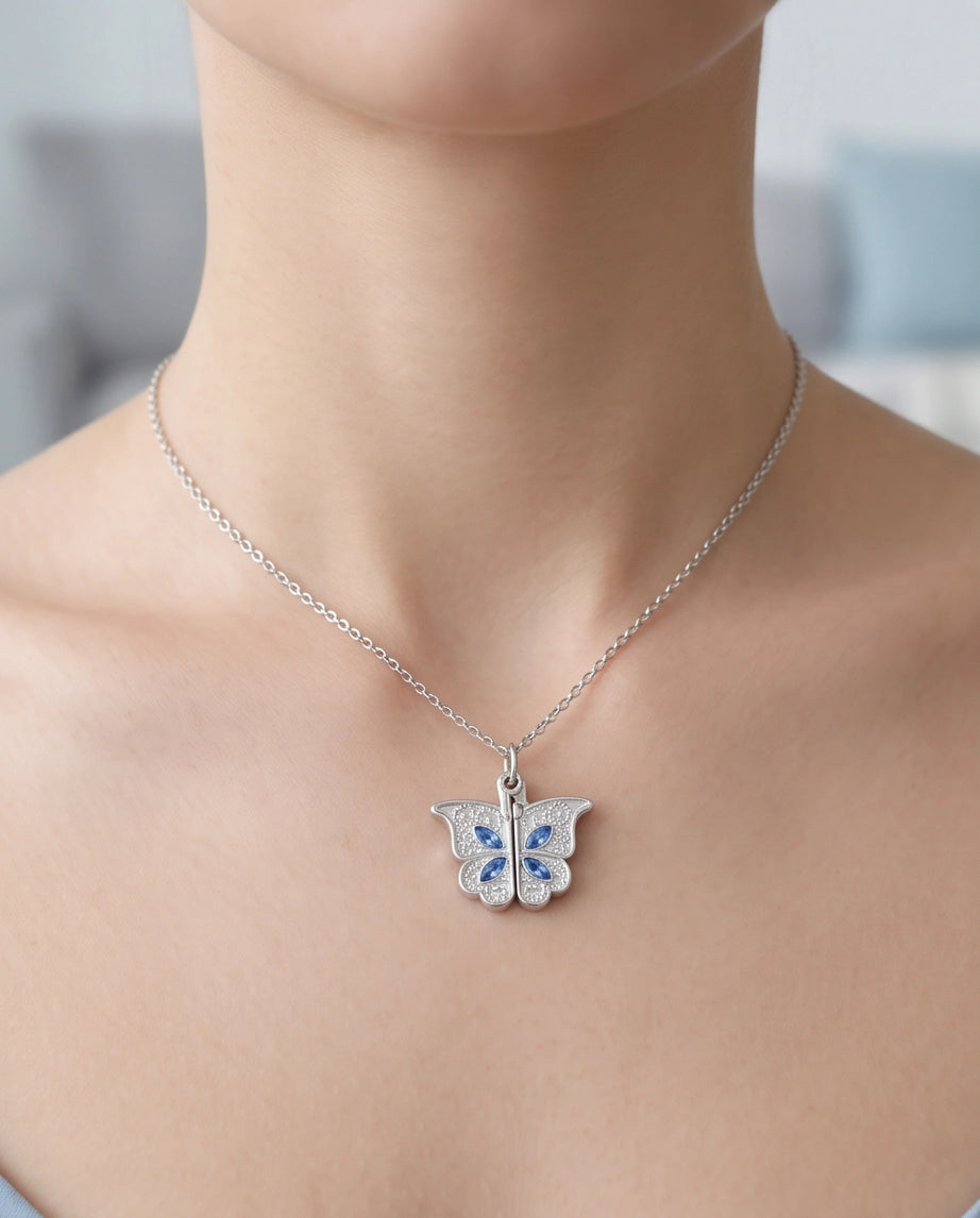 Silver Butterfly Secret Heart Pendant Necklace