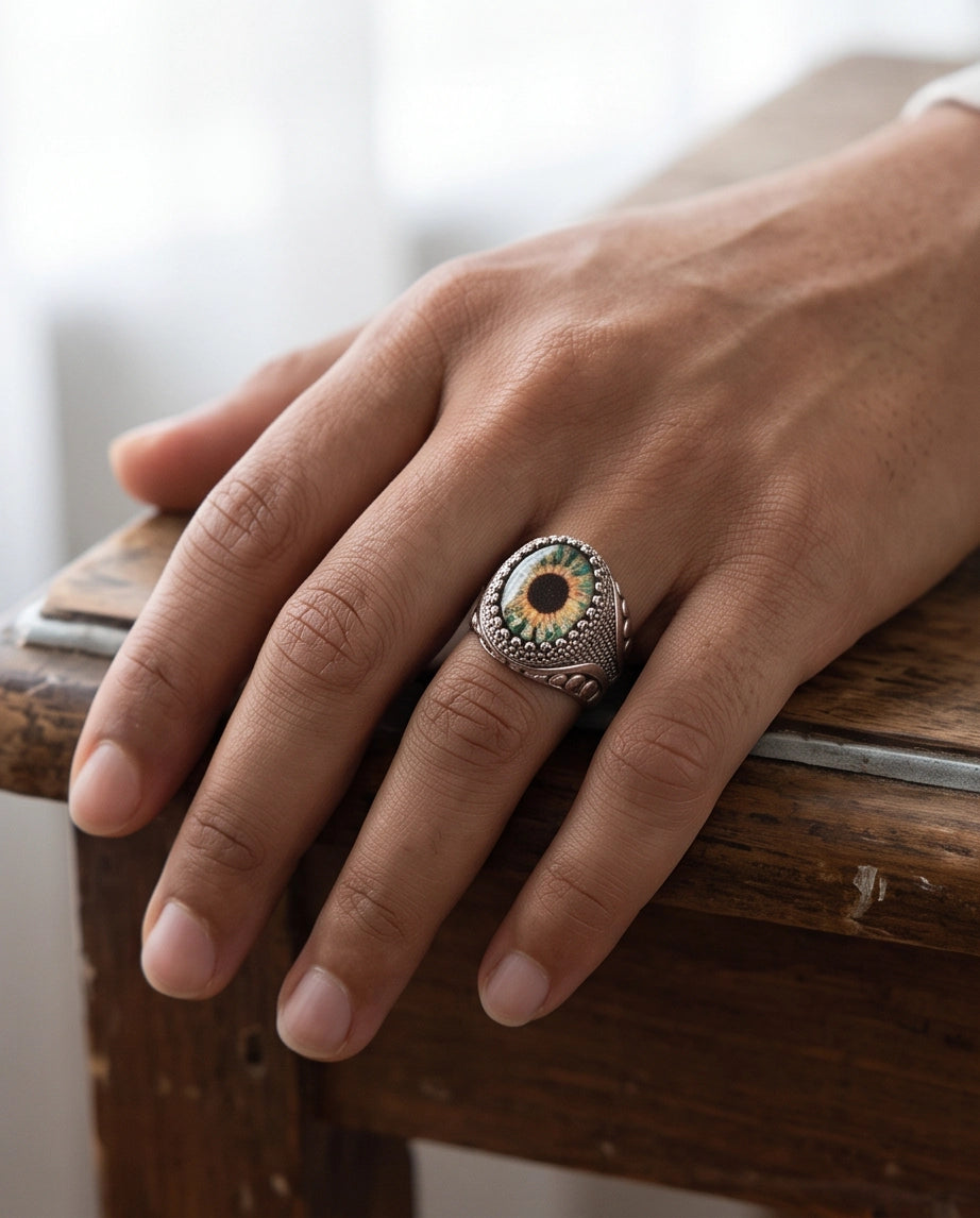 Hazel Ocular Beaded Medallion Silver Ring