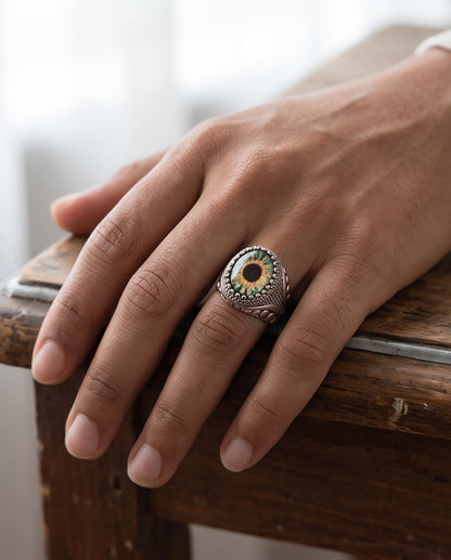 Hazel Ocular Beaded Medallion Silver Ring