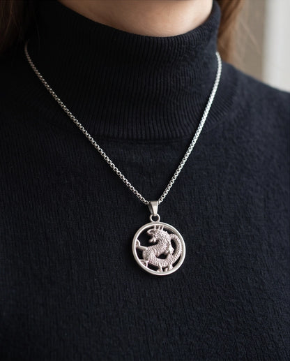 Silver Circular Dragon Medallion Pendant Necklace