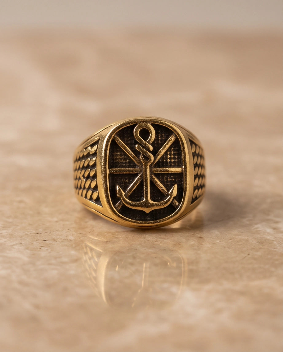 Anchor Sunburst Cushion Gold Signet Ring