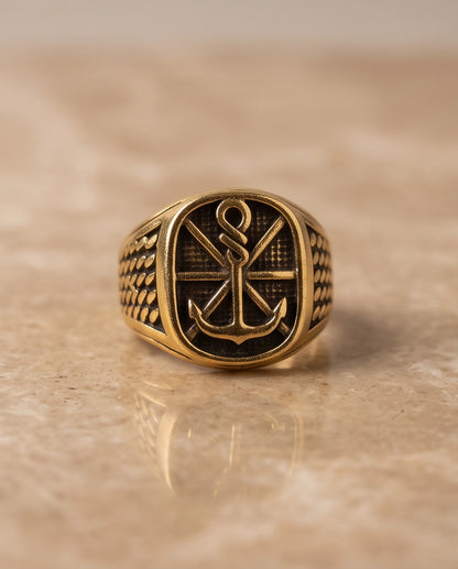 Anchor Sunburst Cushion Gold Signet Ring