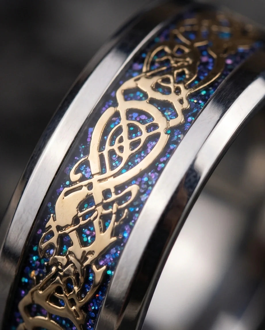Blue Glitter Celtic Dragon Knot Band Ring