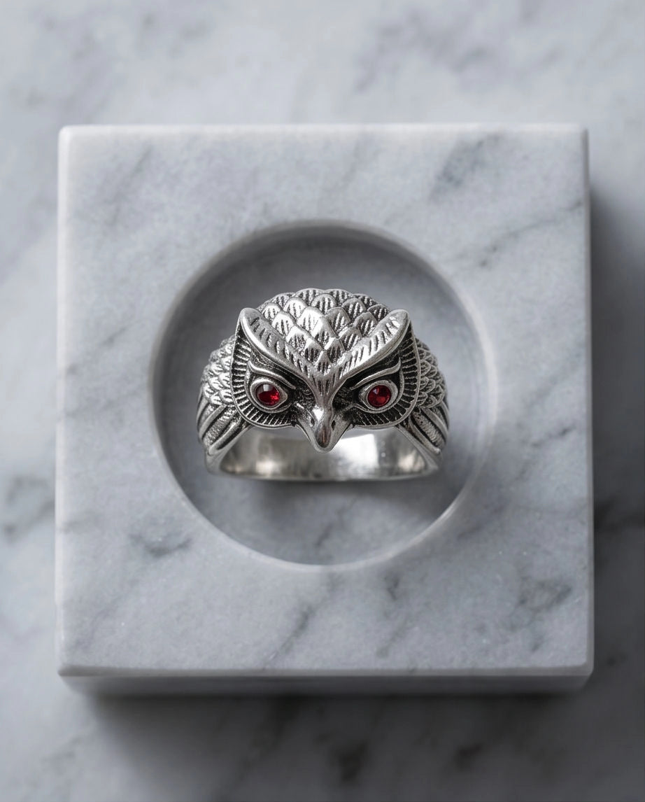 Ruby-Eyed Sculpted Owl Wing Ring