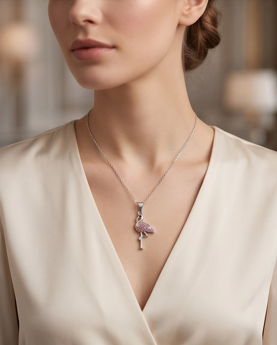 Silver Pink Crystal Paved Flamingo Pendant Necklace