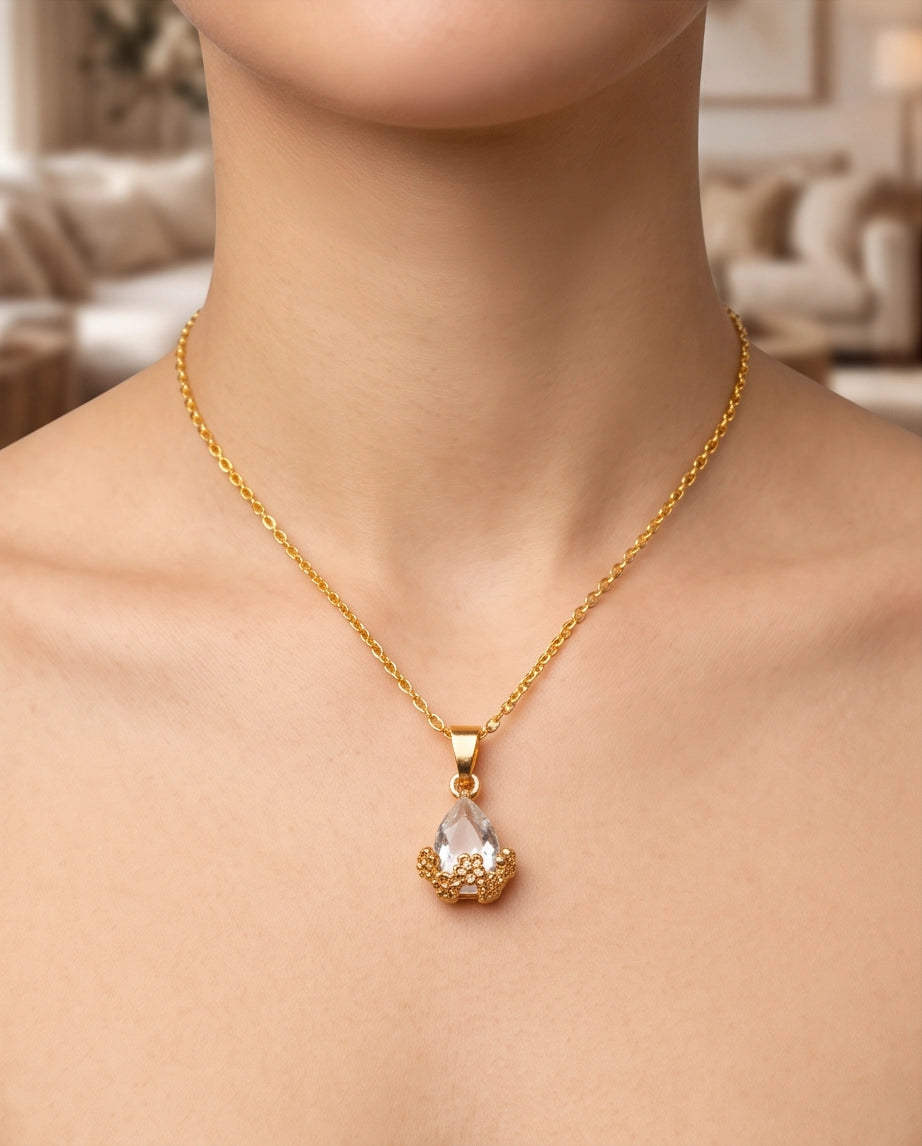 Gold Clear Teardrop Floral Basket Pendant Necklace
